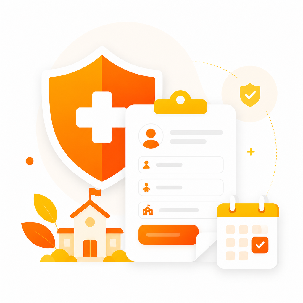 Illustration representing school enrollment requirements and disease prevention with immunizations.
