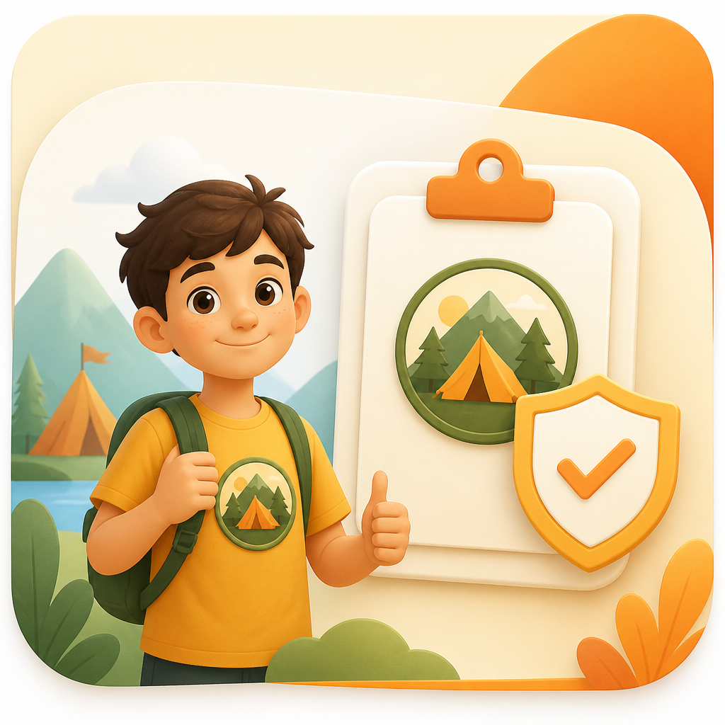 Illustration representing camp physical clearance with a clipboard and safety shield in a modern, friendly style.