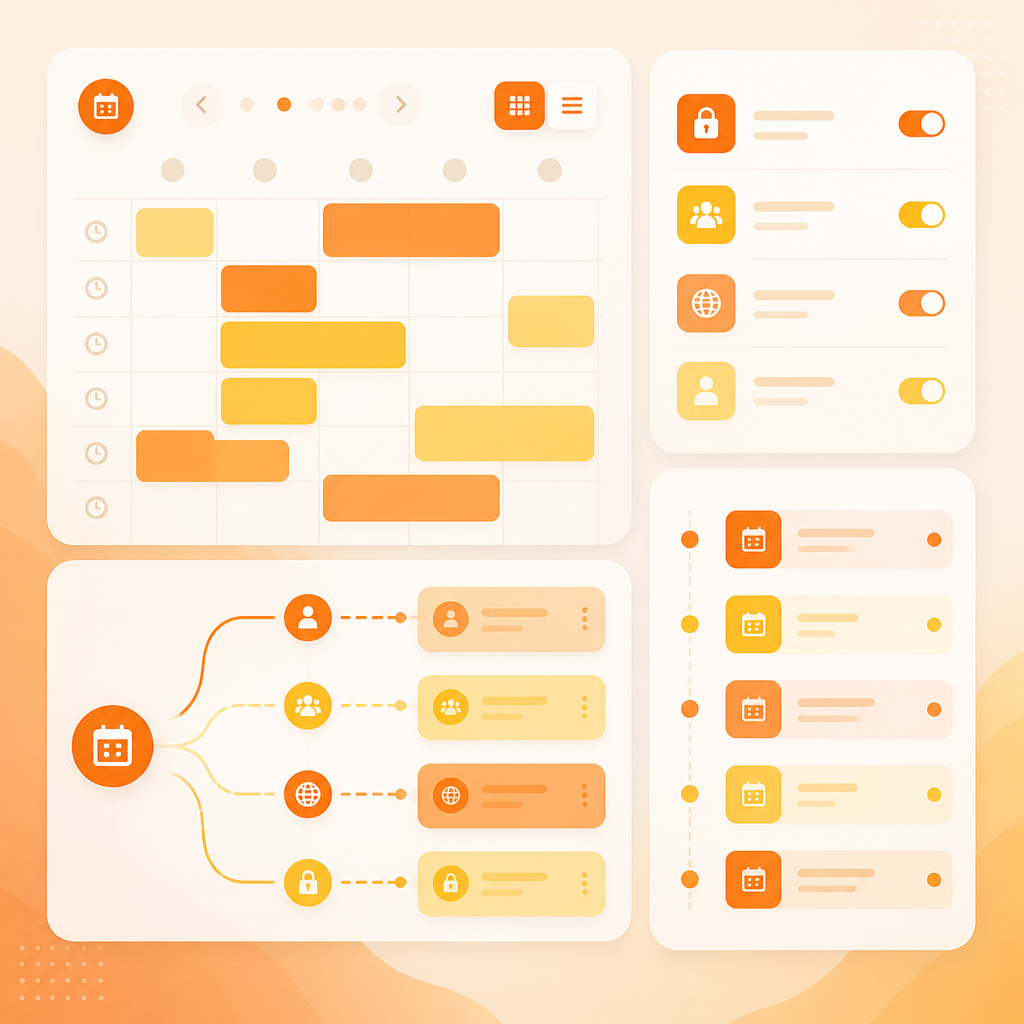 Abstract illustration of appointment scheduling and access options with calendar-like tiles and workflow elements.