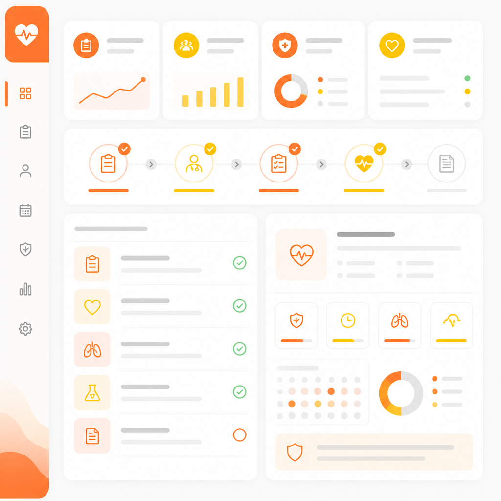 Abstract illustration of a structured school physical workflow dashboard with checklist-style panels.