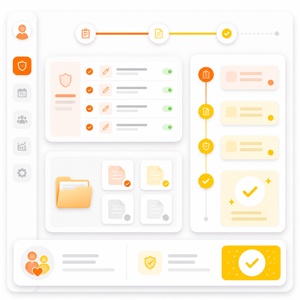 Abstract premium illustration showing immunization review workflow and paperwork support.