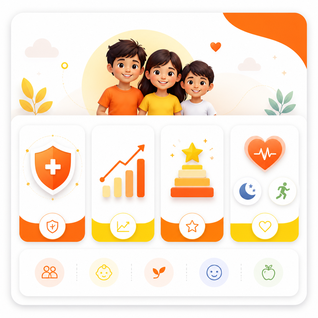 Illustration representing annual wellness visit reviews with immunization, growth, milestones, and preventive guidance icons.