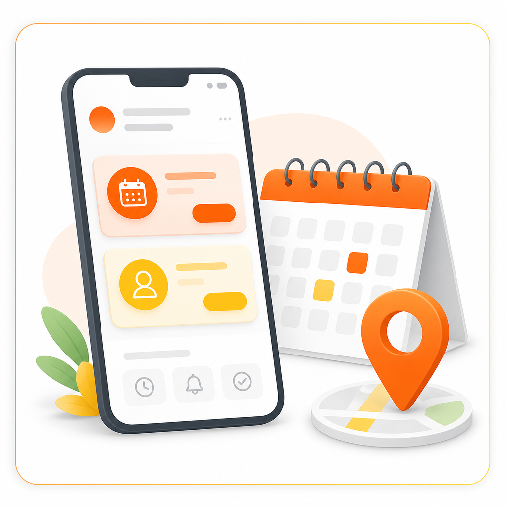 Illustration showing easy scheduling options including online booking, a calendar, and a patient portal login concept.