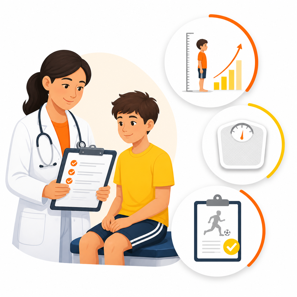 Illustration of a pediatric provider reviewing a school and sports physical checklist with growth and immunization icons.