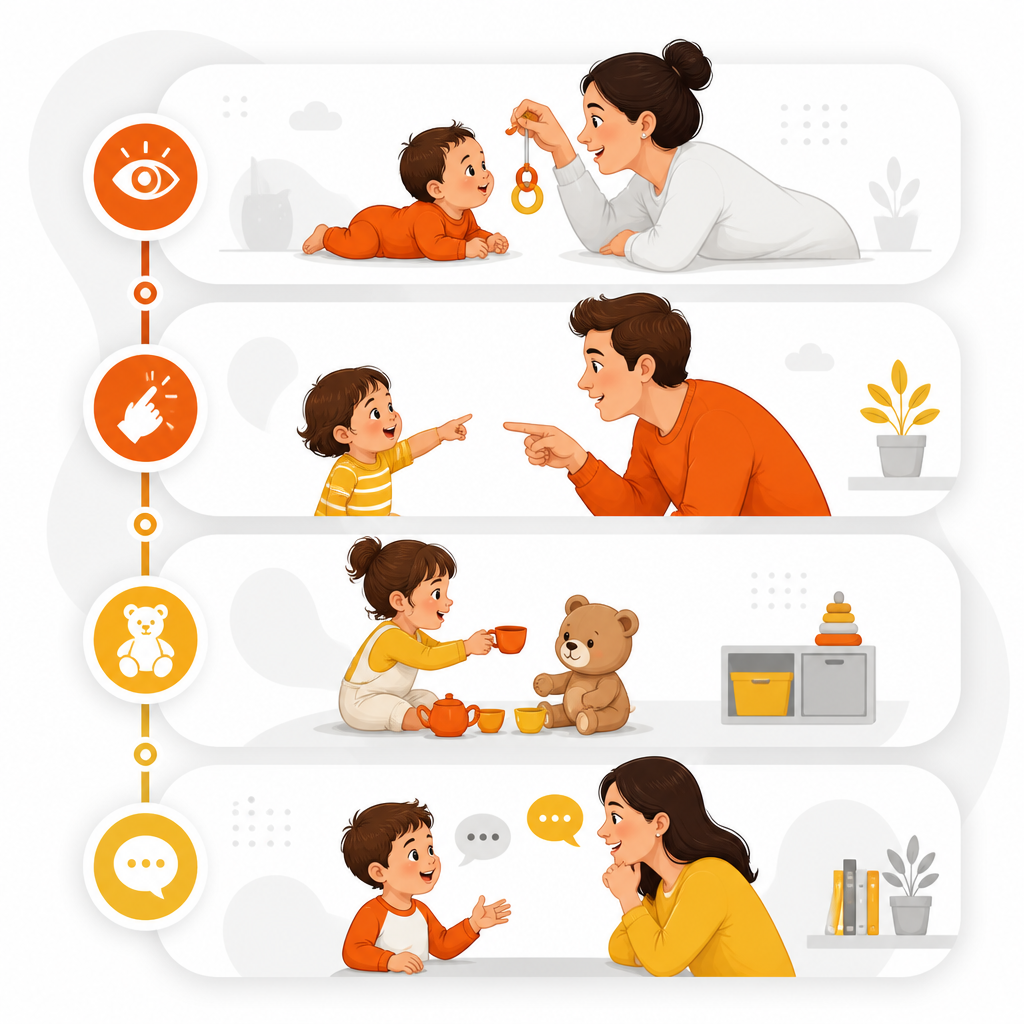 Illustration showing social development milestones progressing by age.