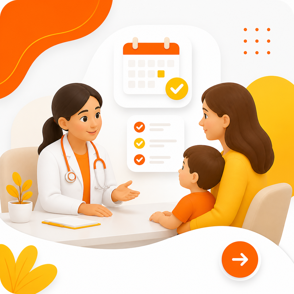Illustration of a parent talking with a pediatrician with a checklist and timeline for next steps.