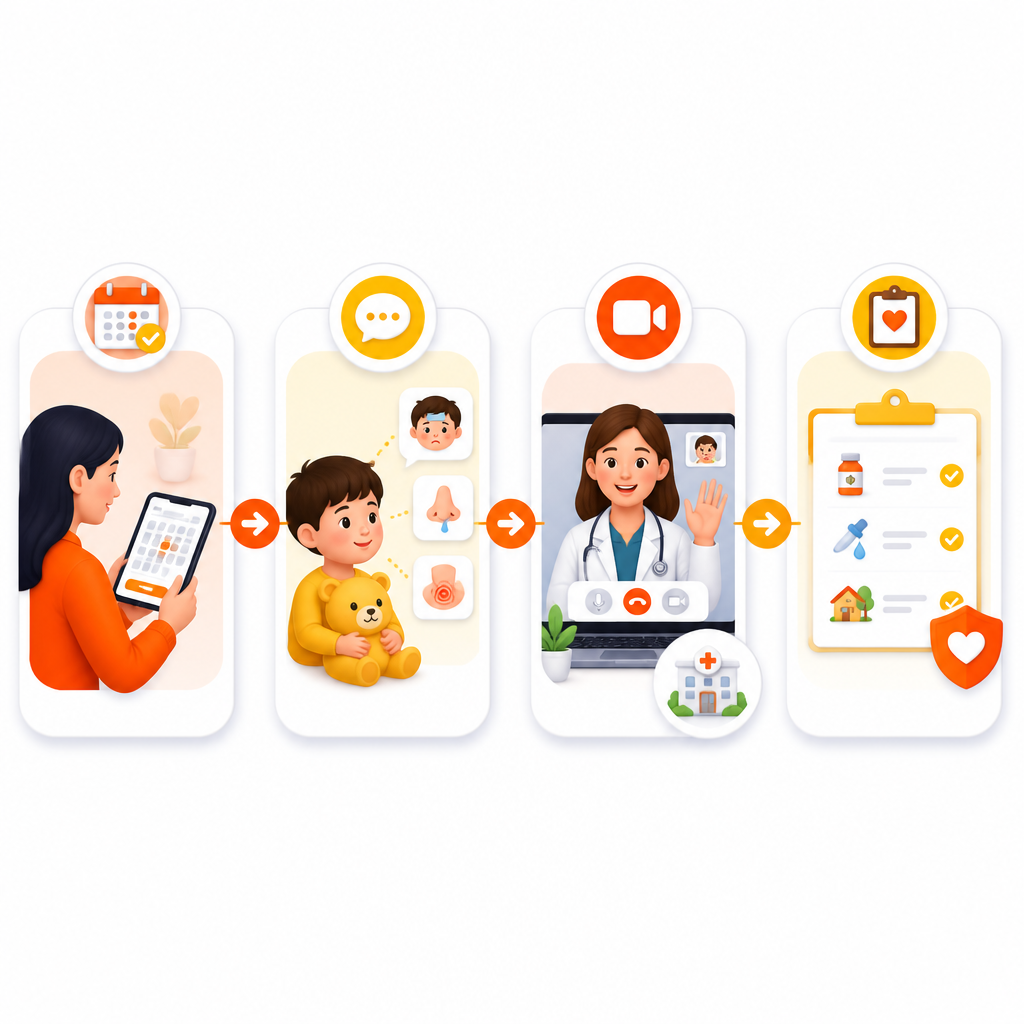 Illustration of the process for a virtual pediatric visit for allergy symptoms, from booking to a care plan.