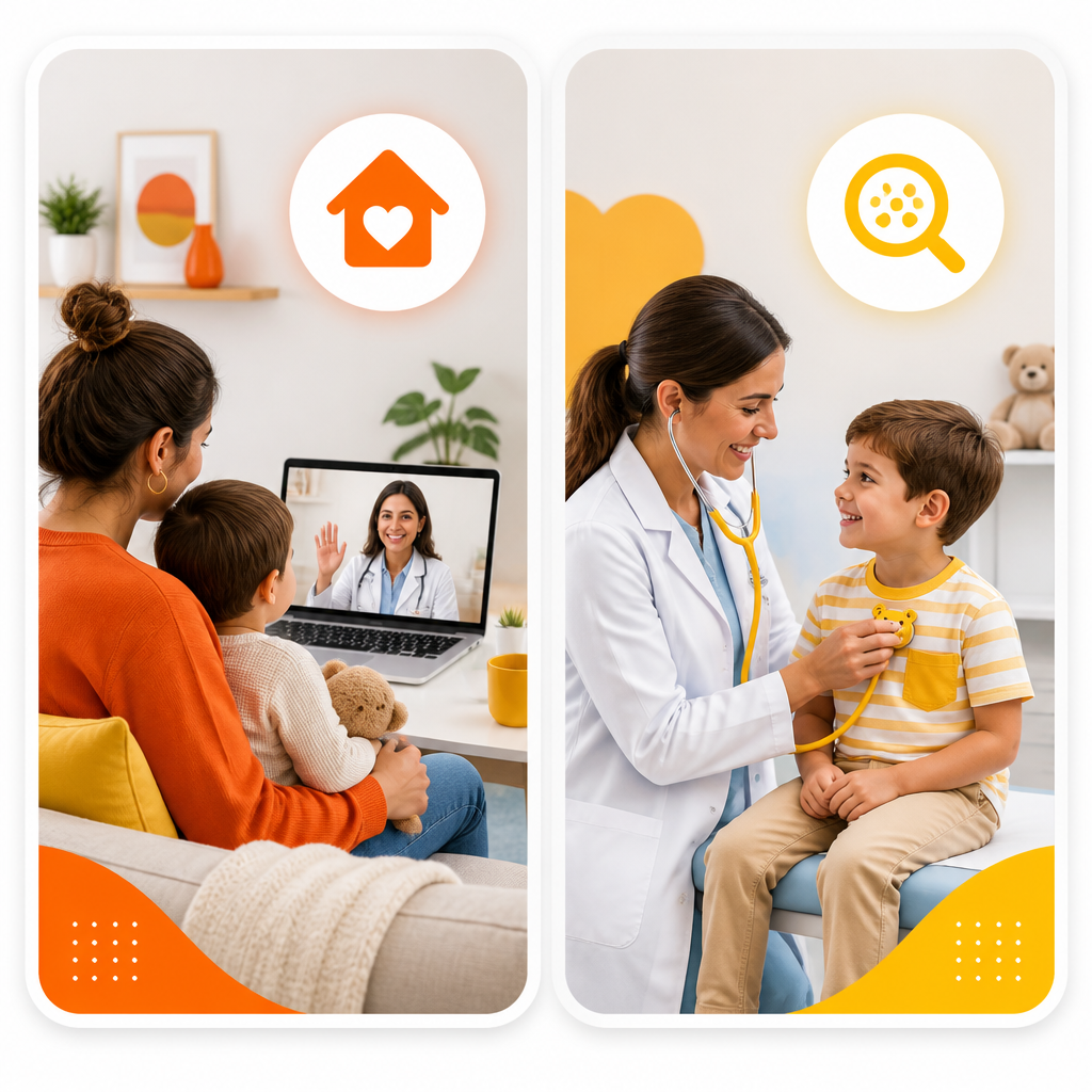 Illustration showing when a pediatric allergy situation may move from virtual care to in-office evaluation or testing.