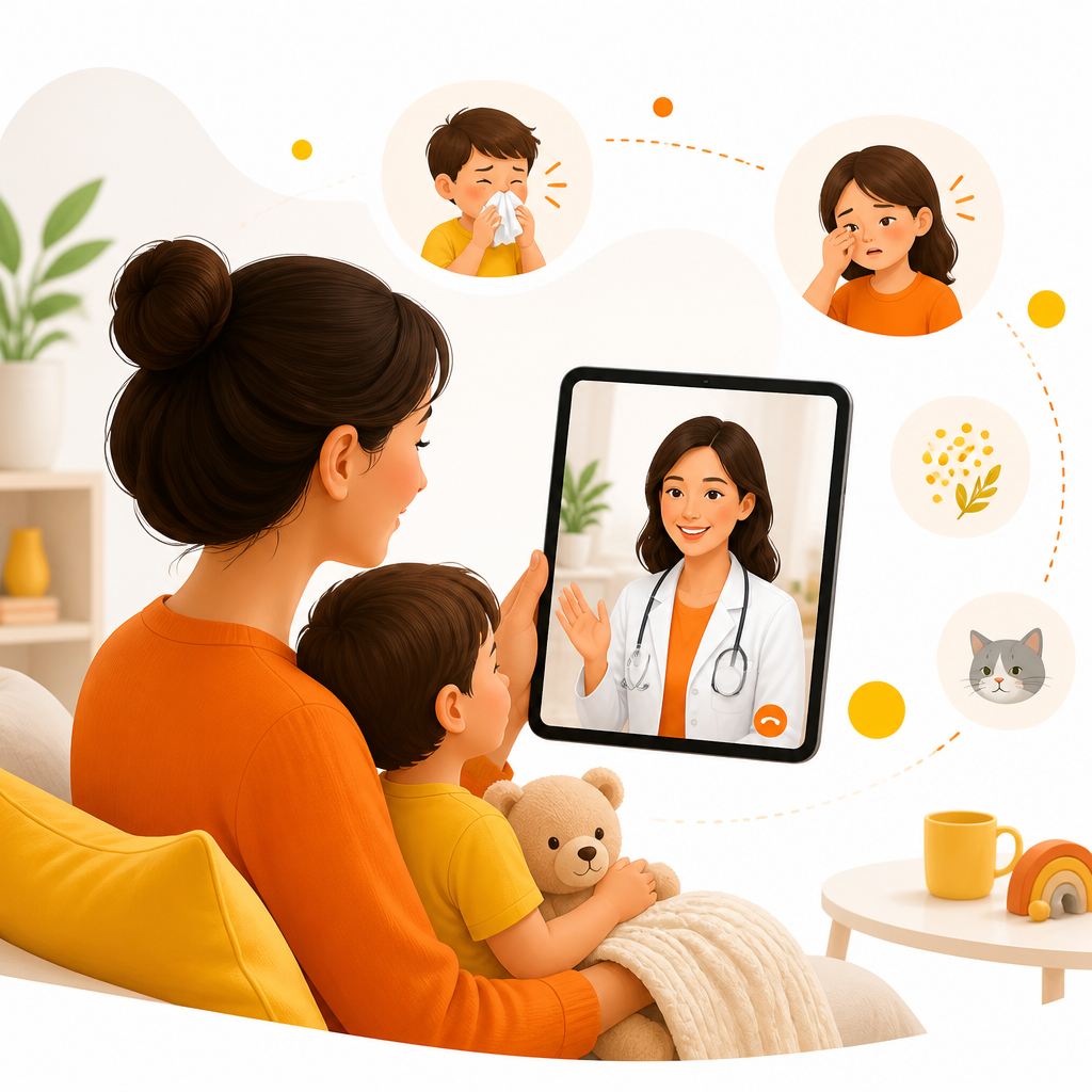 Illustration of a parent receiving pediatric telemedicine guidance for a child’s allergy symptoms.