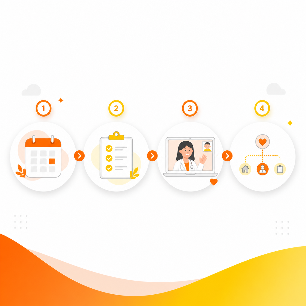 Illustration showing a four-step telemedicine visit process: request, prepare, meet, and decide together.