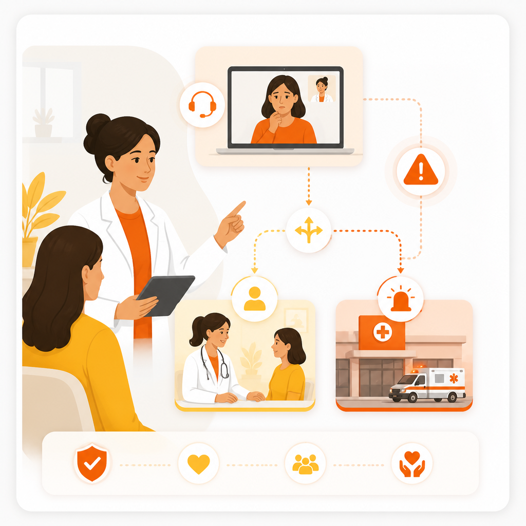 Illustration of telemedicine safety guidance, showing when to transition to in-person care or urgent/emergency support.