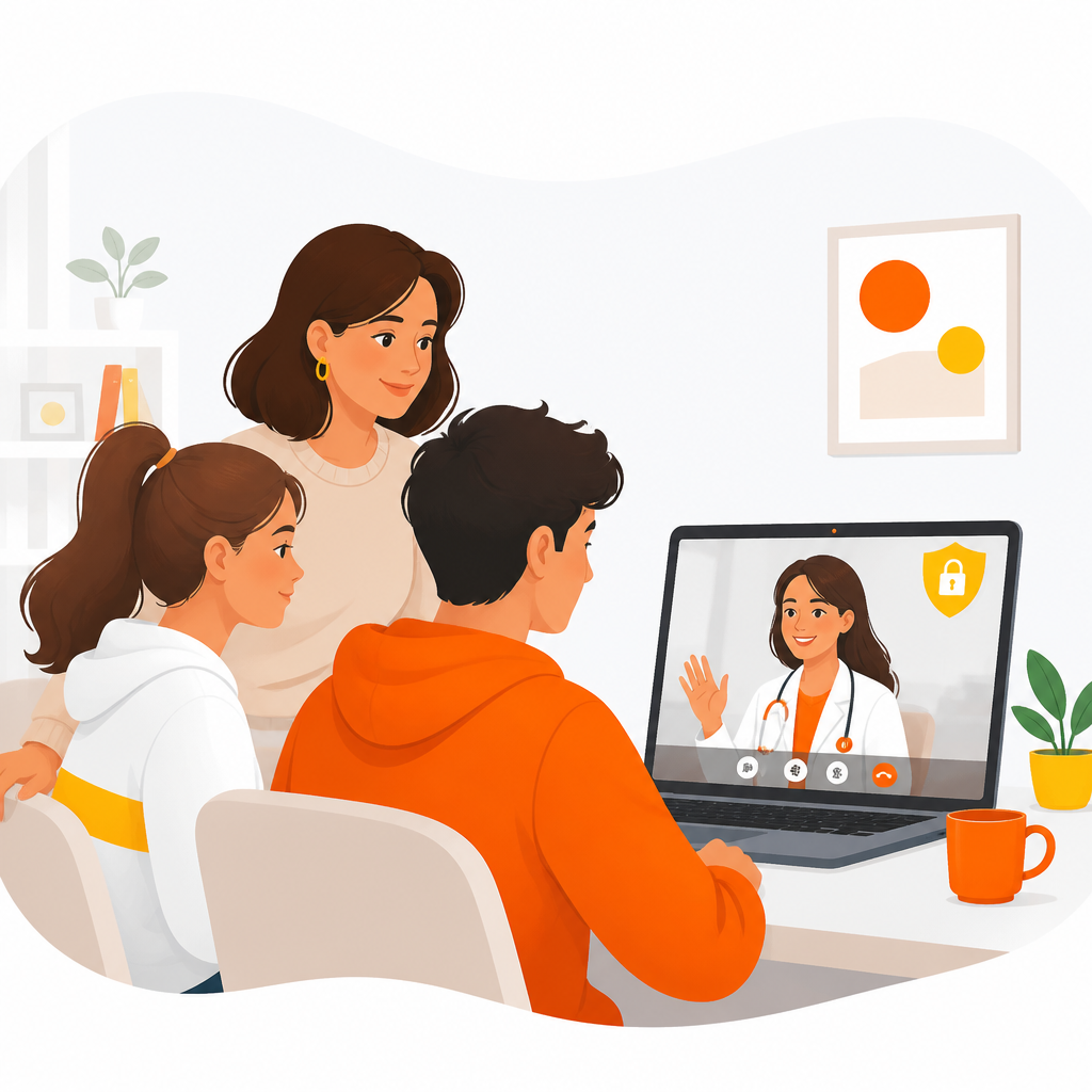 Illustration of teens and a parent joining a telemedicine visit from home for teen and young adult care.