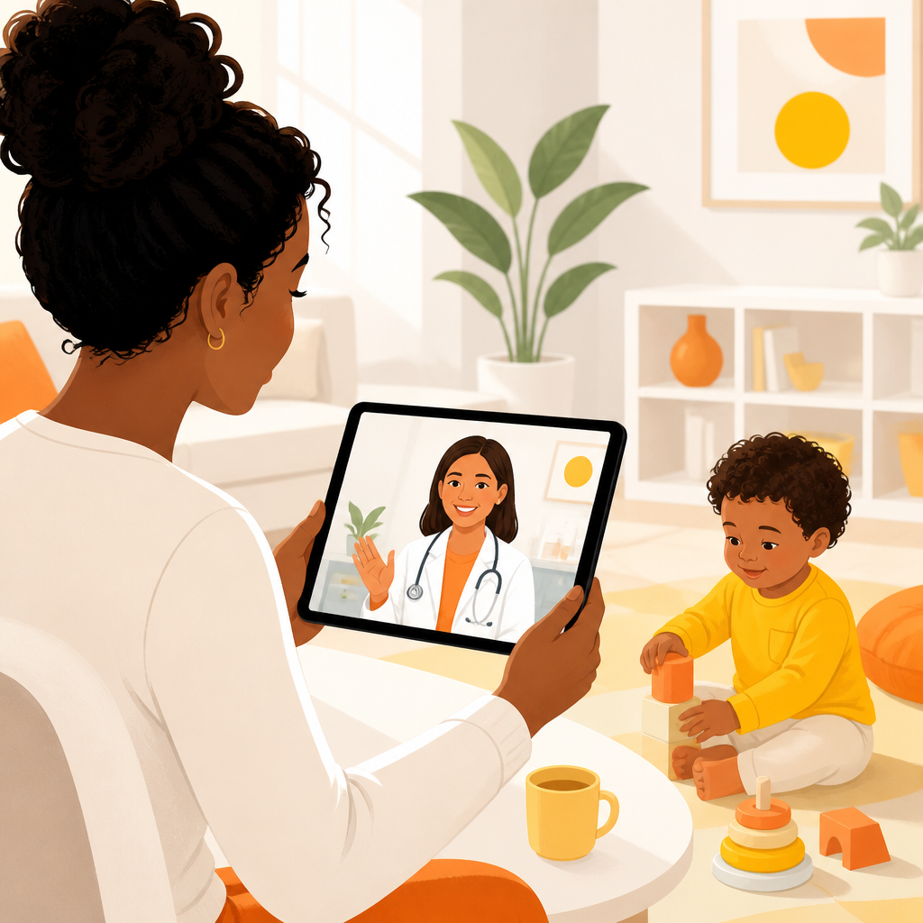 Illustration of a parent video chatting with a pediatric provider at home for telemedicine care.