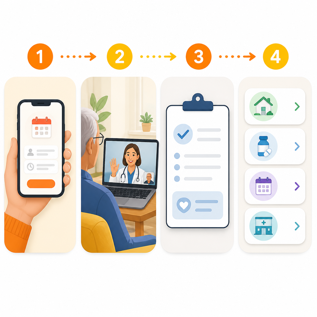 Illustration showing the simple steps of a telemedicine pediatric visit from appointment request to next steps.