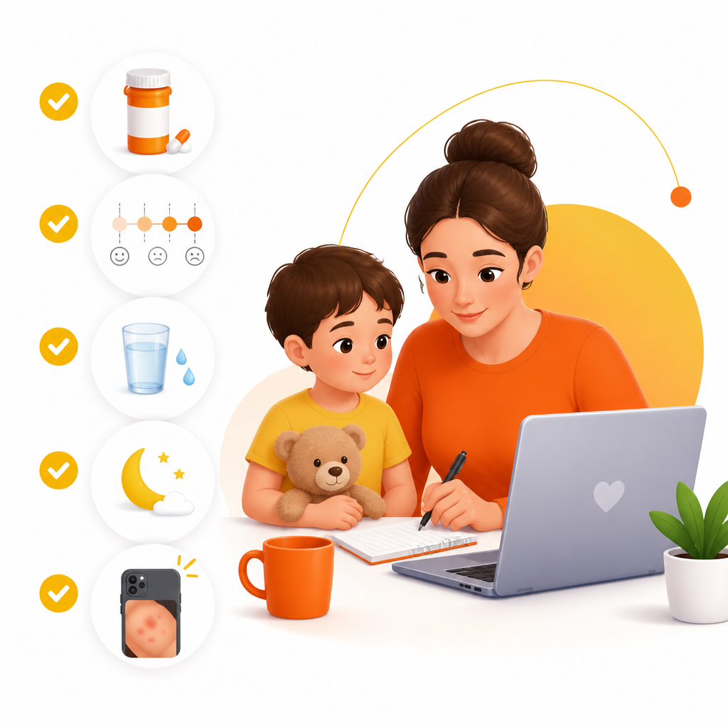 Illustration of a parent preparing materials for a telemedicine pediatric visit, including medication and symptom details.