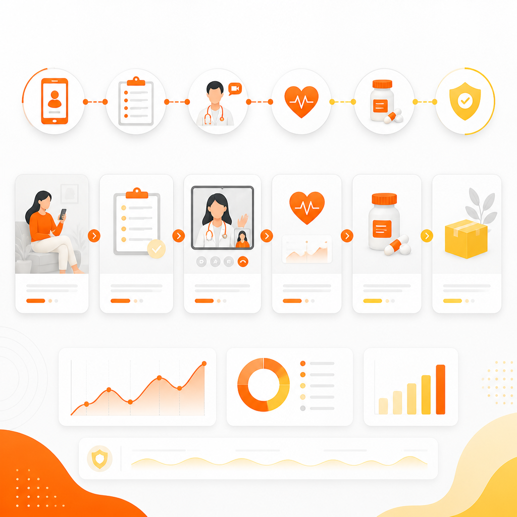Abstract step-by-step telemedicine workflow illustration for a virtual visit process.