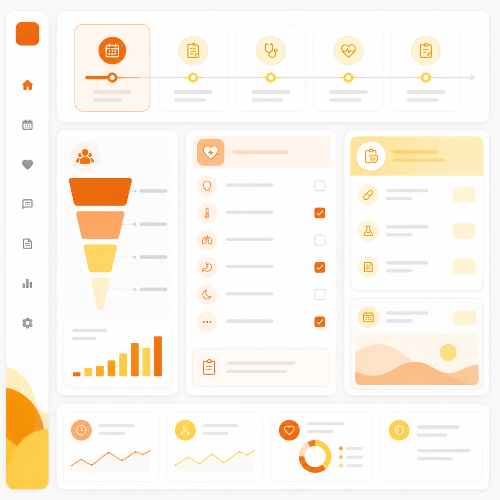 Abstract telemedicine virtual visit workflow dashboard illustration with rounded panels and workflow cards.