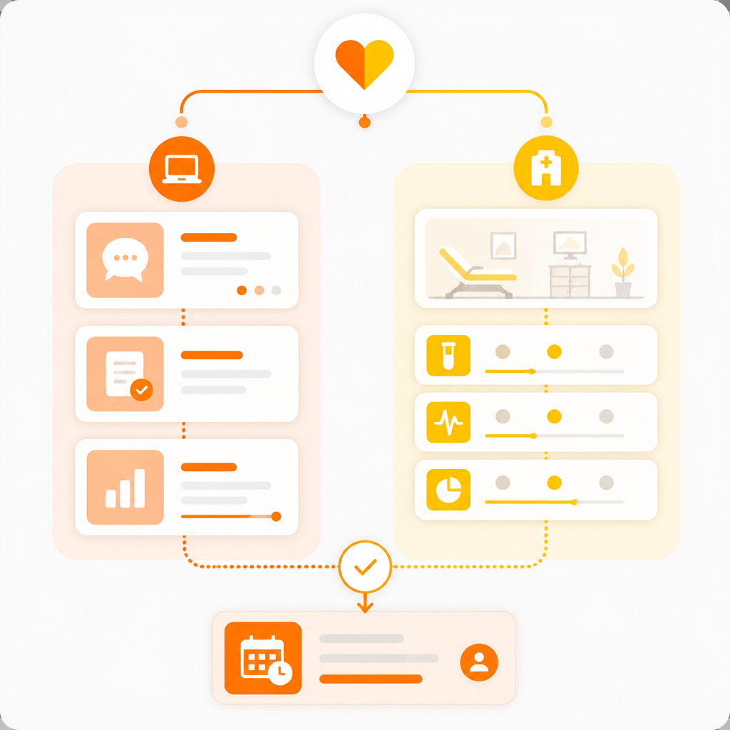 Abstract care decision flow illustration representing virtual to in-person next steps for pediatric visits.