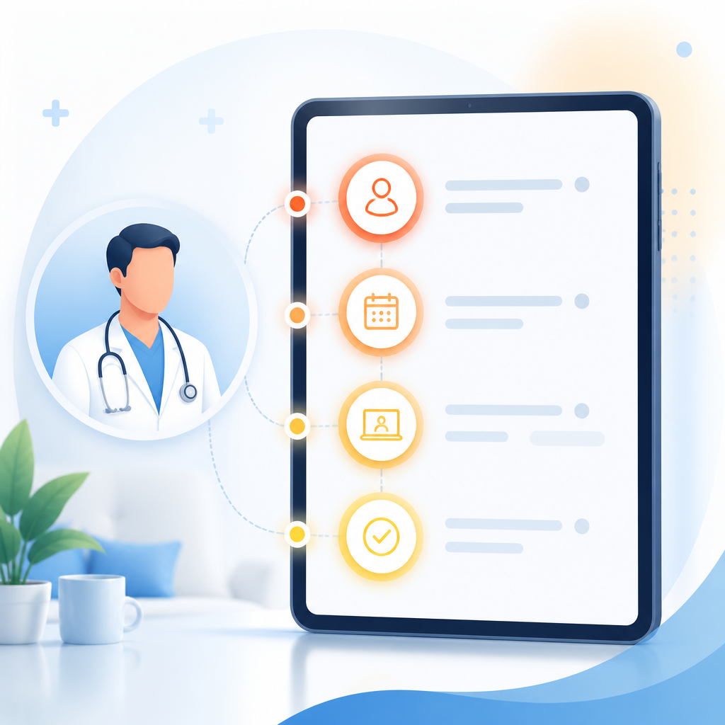 Illustration representing the step-by-step telemedicine virtual visit process.
