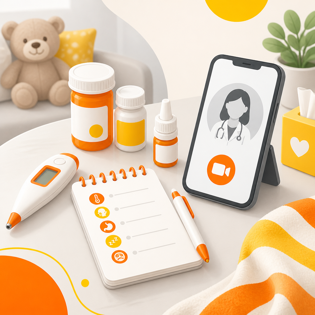 Illustration of preparing for a pediatric telemedicine visit with symptom notes, medication, and a thermometer.