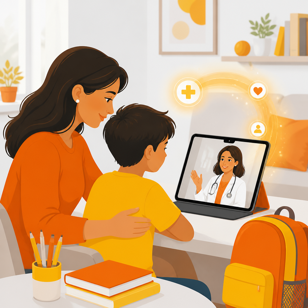 Illustration of a parent and school-age child using telemedicine at home for pediatric guidance.