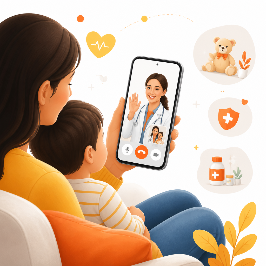 Illustration of a parent connecting to a pediatric provider via telemedicine from home.