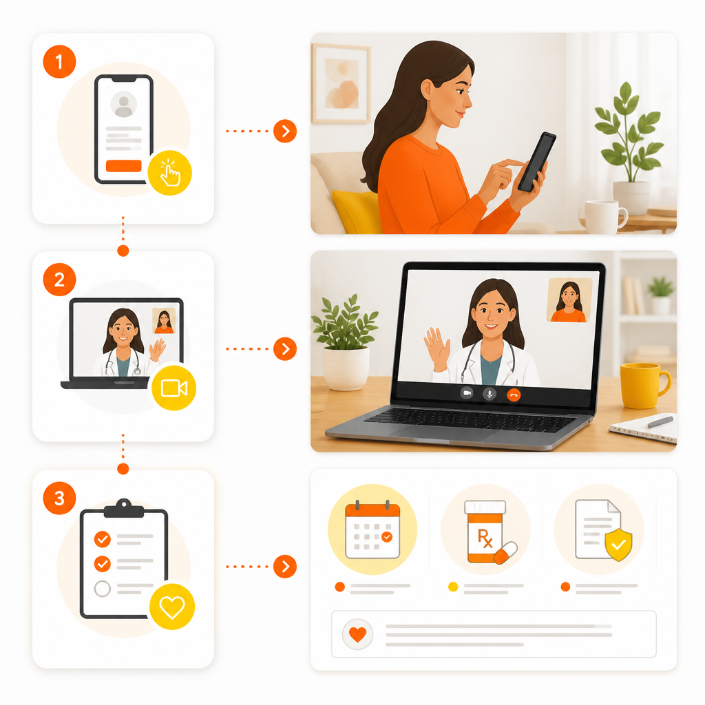 Illustration representing the telemedicine steps for a virtual pediatric visit.