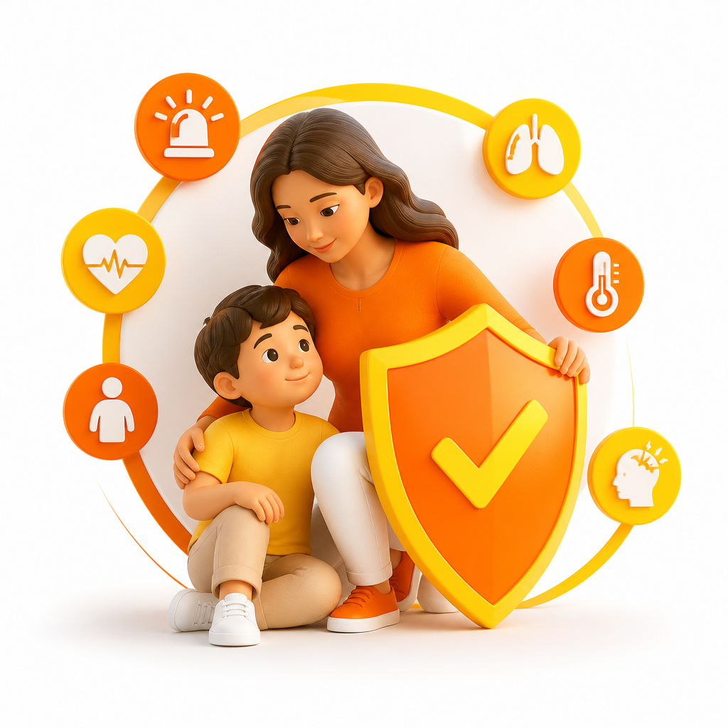 Illustration conveying urgent pediatric warning signs and the need for in-person or emergency care.