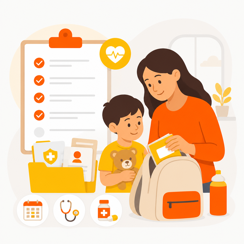 Illustration showing a parent preparing for a child’s immunization visit with records and questions.