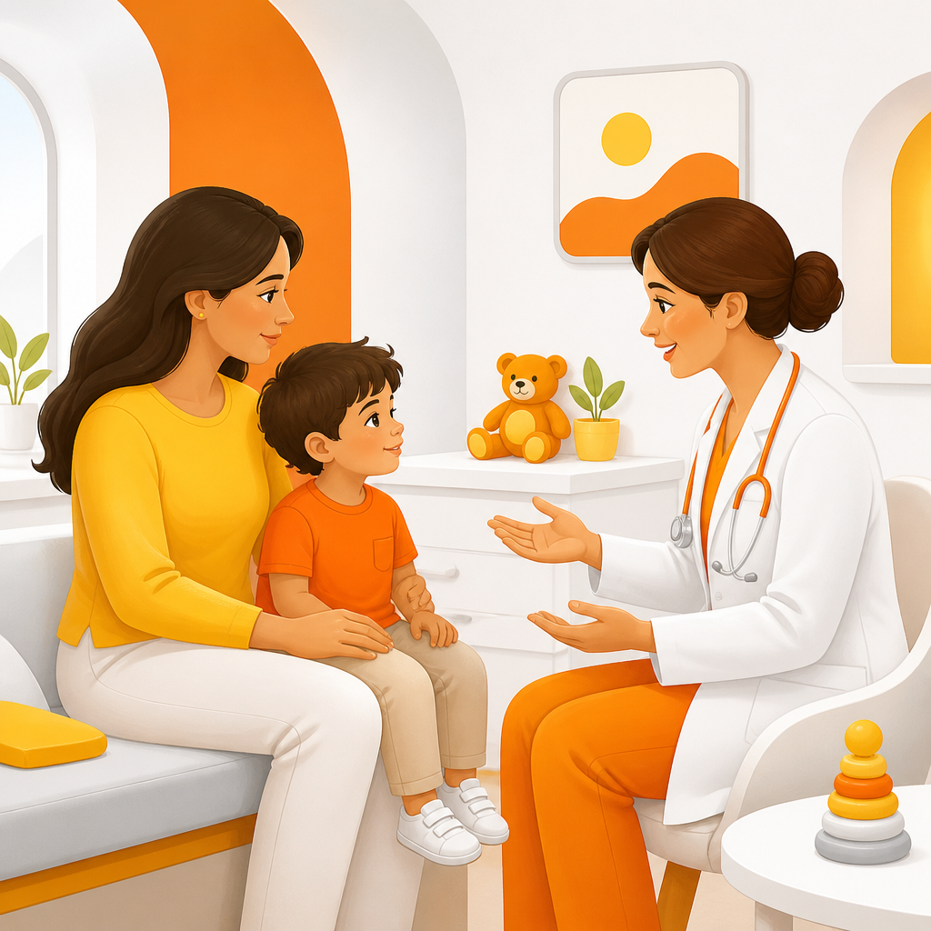 Illustration of a calm, family-centered pediatric visit showing parent-first guidance before immunizations.