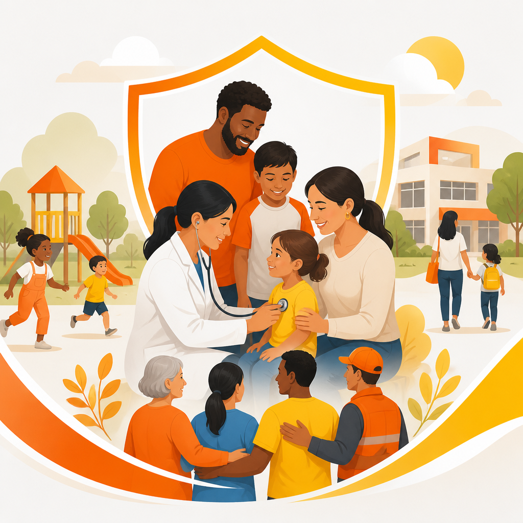 Illustration representing how childhood immunizations help protect children and support community health.