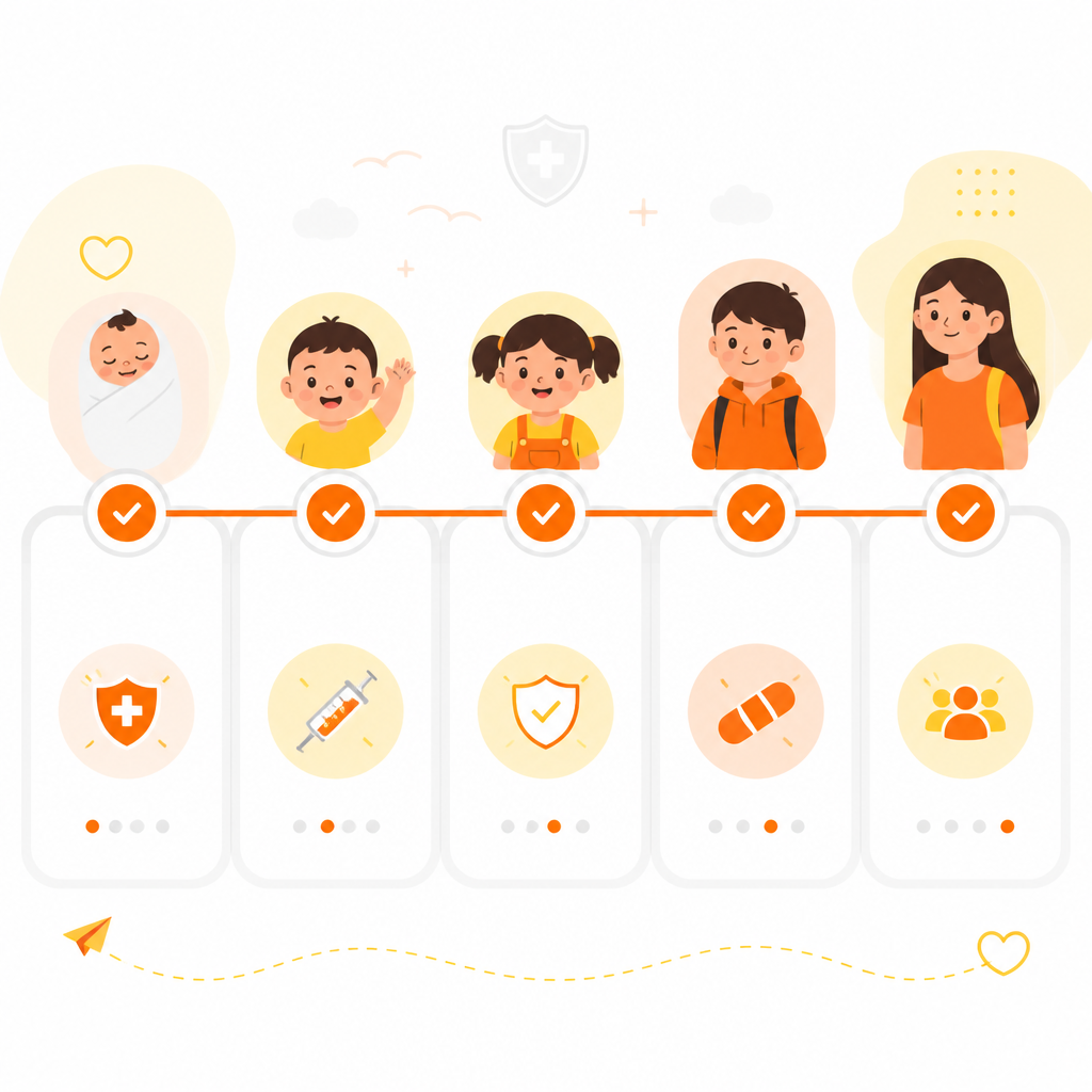 Illustration showing a clear childhood immunization timeline and checkmarks for families.