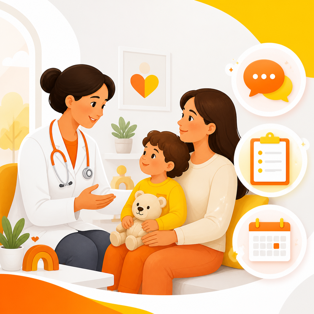 Illustration of a calm pediatric vaccine visit with guidance and next-step planning.