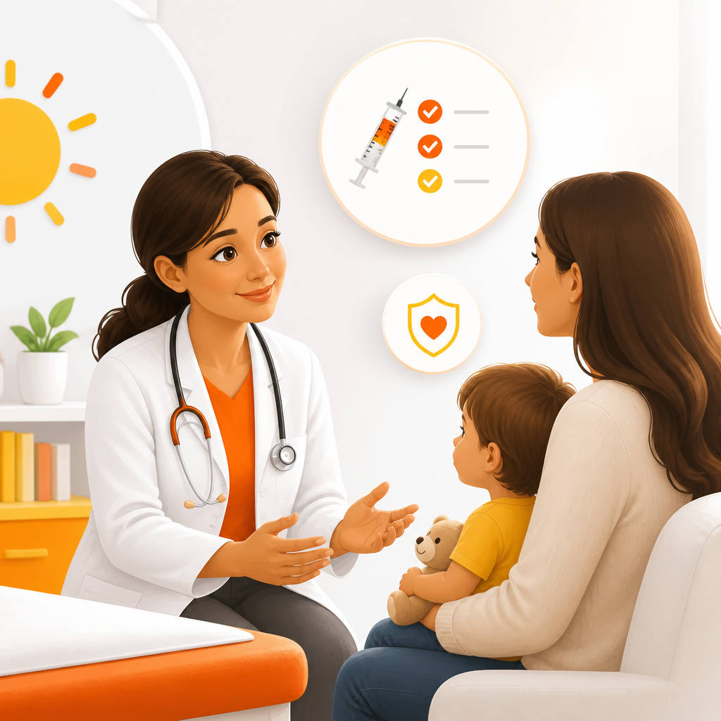Illustration of a pediatric clinician offering a calm, judgment-free discussion for vaccine planning.