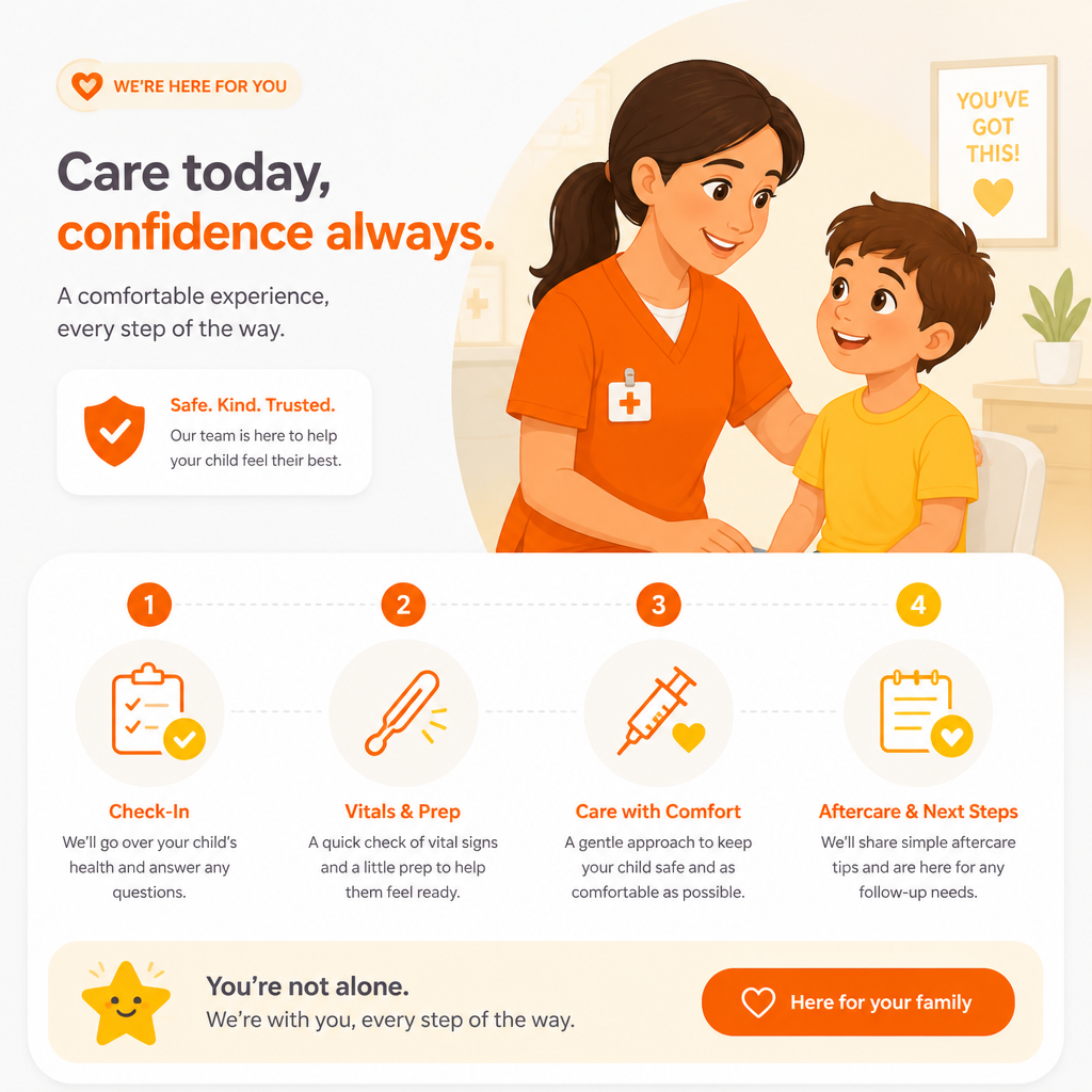 Illustration showing a comfortable childhood immunizations appointment flow with clinic icons.