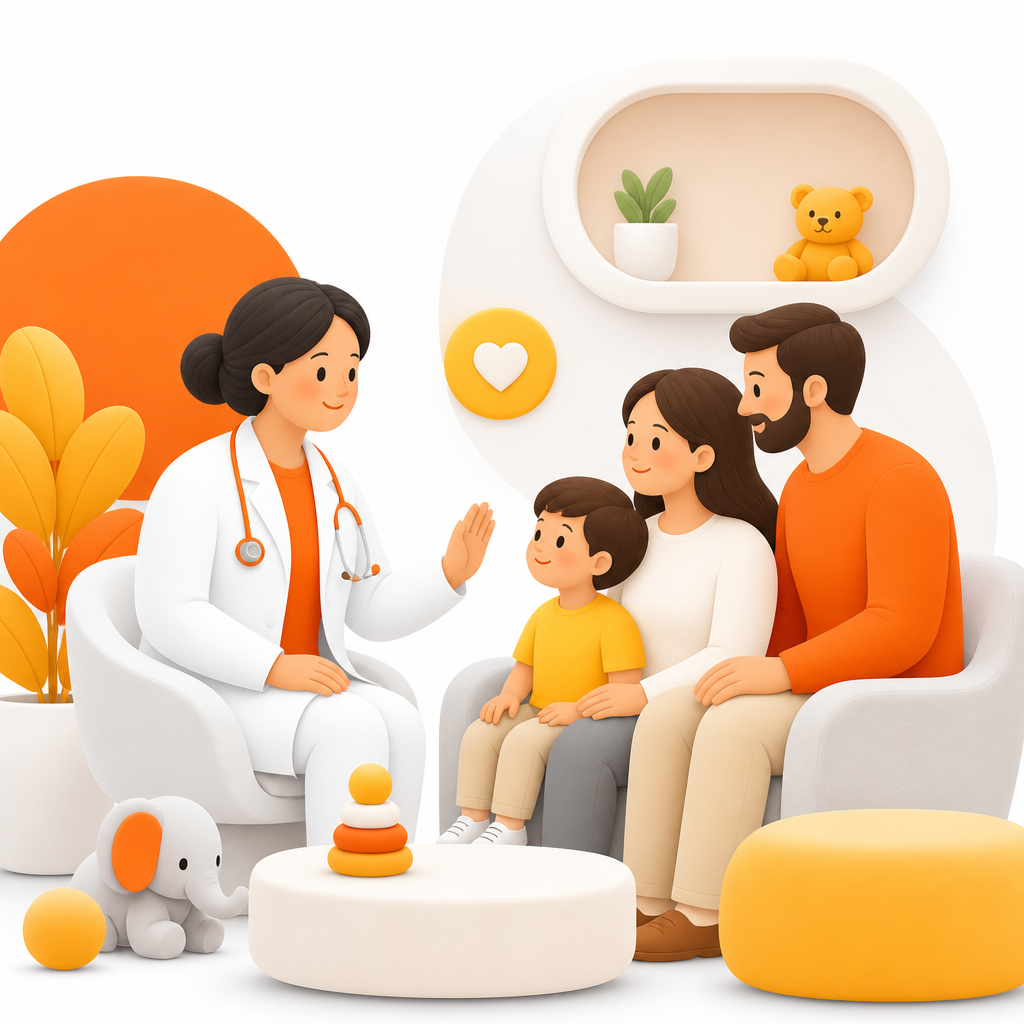 Illustration of a calm, family-centered pediatric vaccine visit.