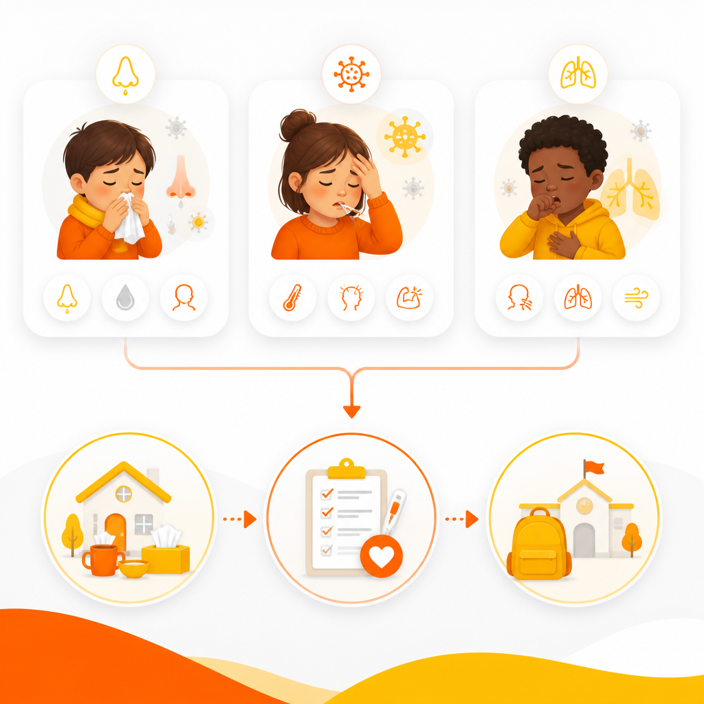 Illustration of cold vs flu testing helping guide next steps for home care and return to school.