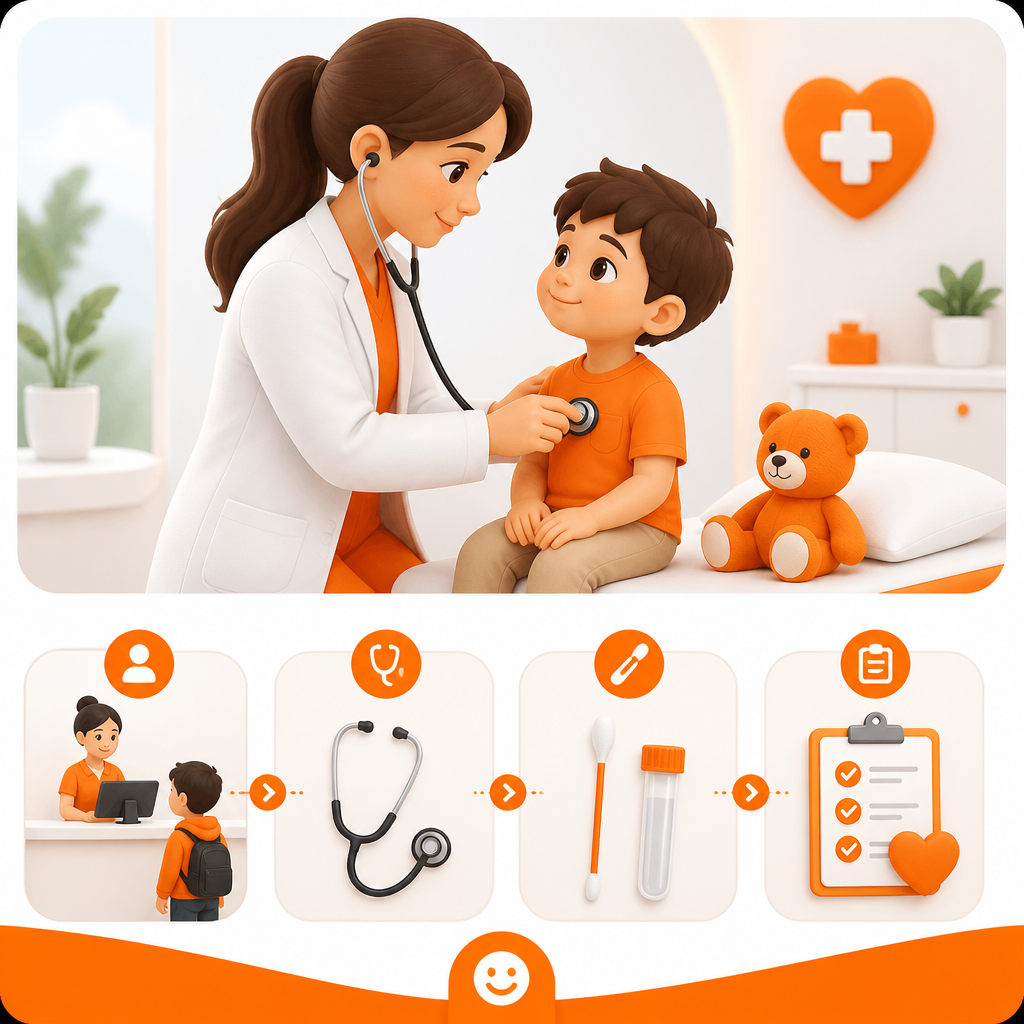 Illustration showing a pediatric visit flow for a cold vs flu test with exam and guidance.
