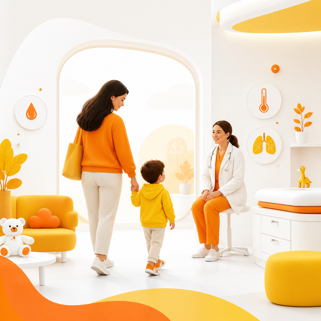 Illustration of a parent seeking pediatric guidance for a child’s worsening cold or flu symptoms.