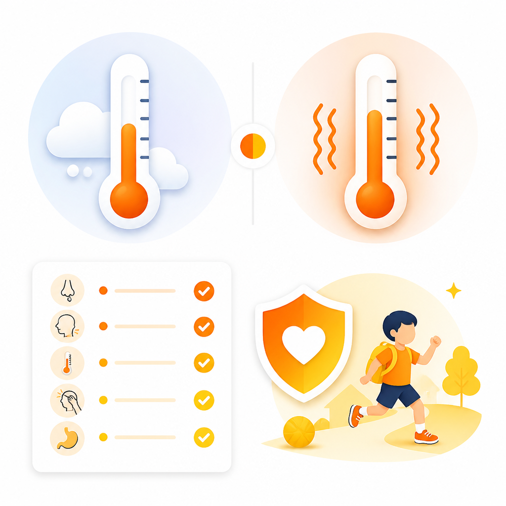 Illustration comparing cold vs flu symptoms for kids to help parents decide when to bring a child in.