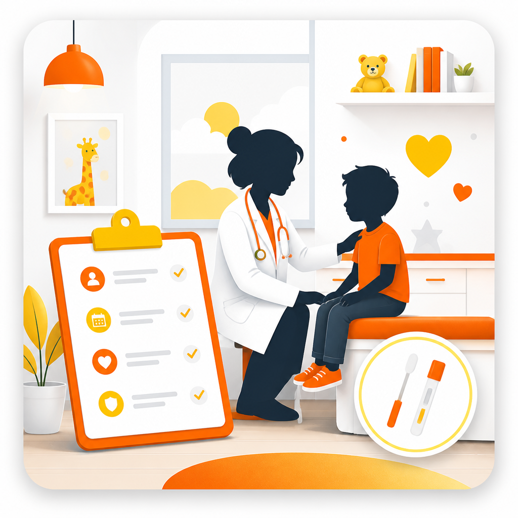 Illustration representing pediatric visit process including evaluation and cold/flu testing guidance.