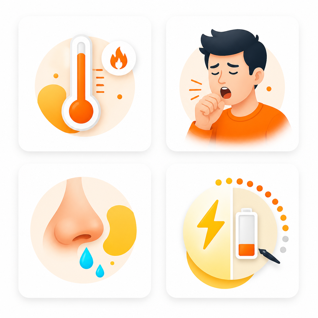 Illustration representing common cold versus flu symptom patterns for kids, using clean medical icons.