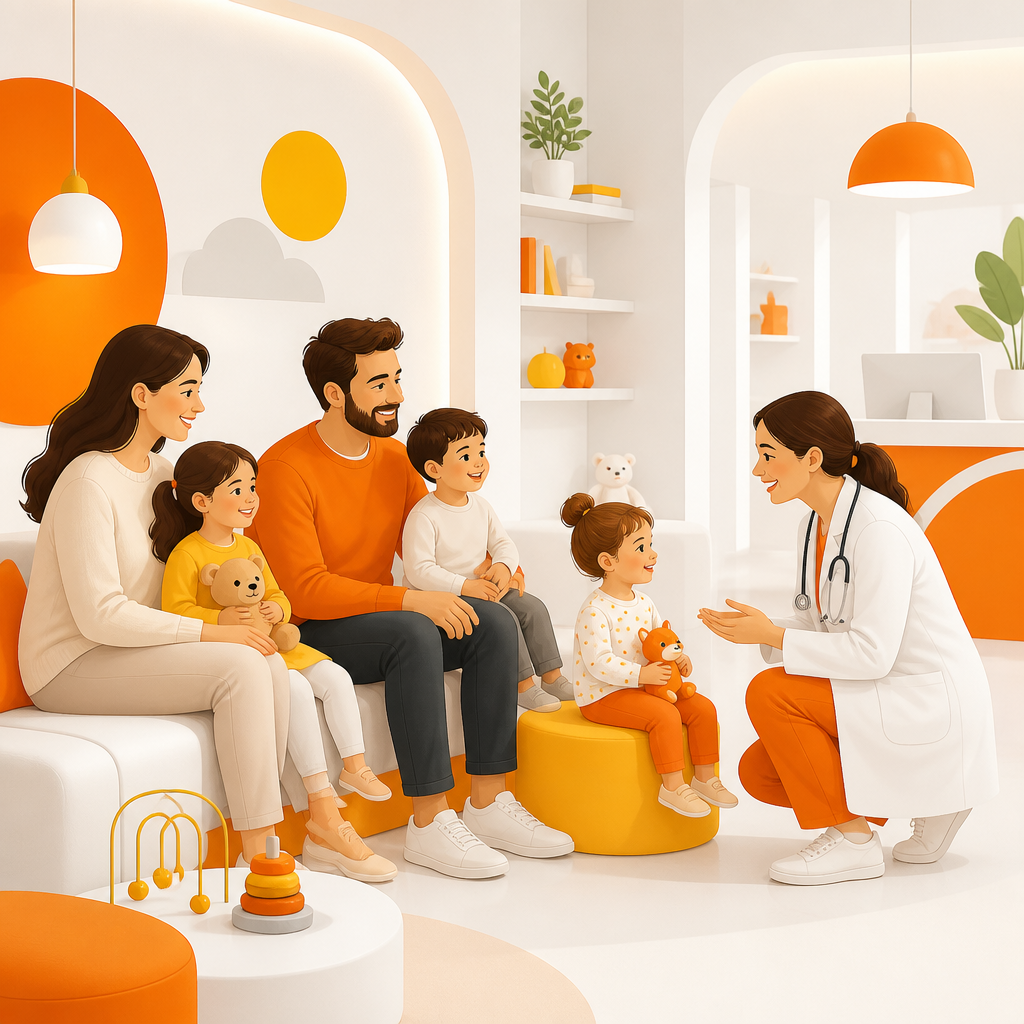 Illustration of a family with multiple sick children in a pediatric clinic waiting area for supportive care and guidance.