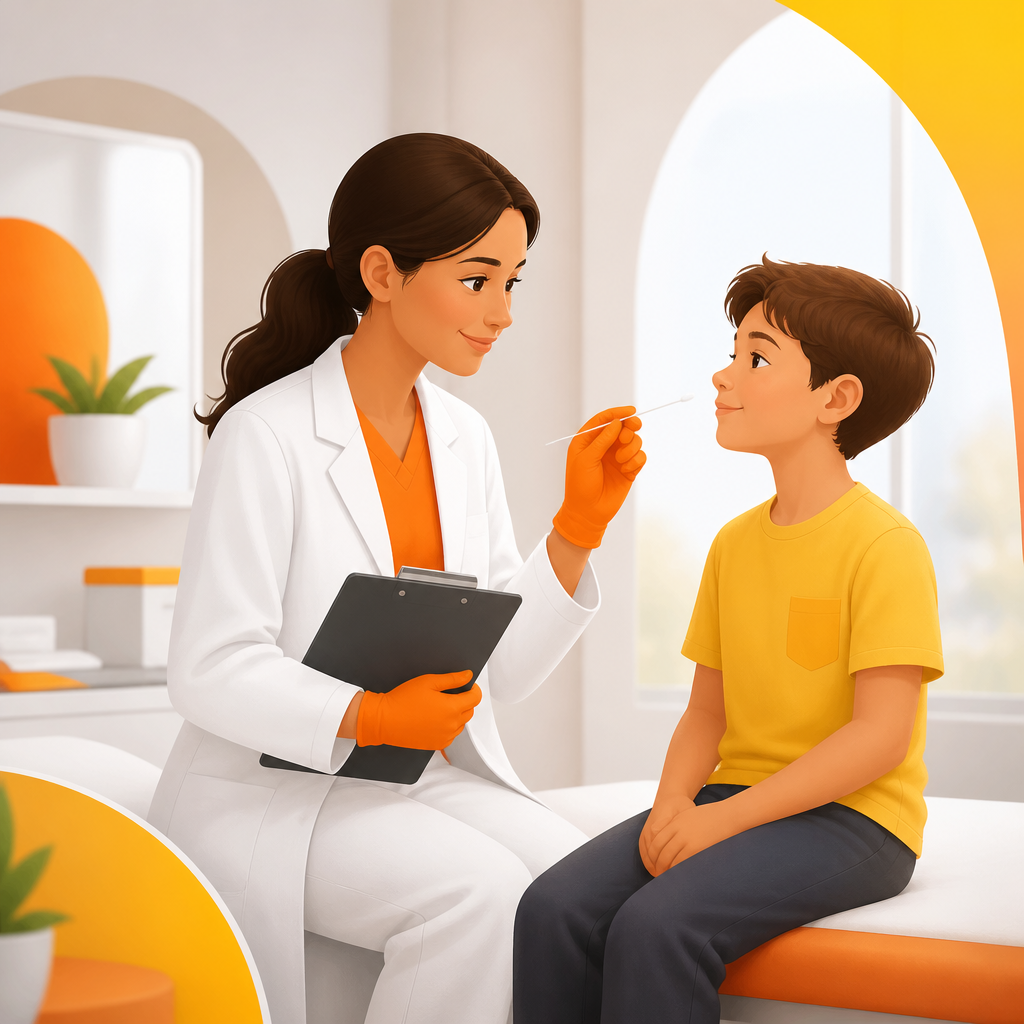 Illustration of pediatric cold/flu testing steps, including a clinician reviewing symptoms and performing a swab test.