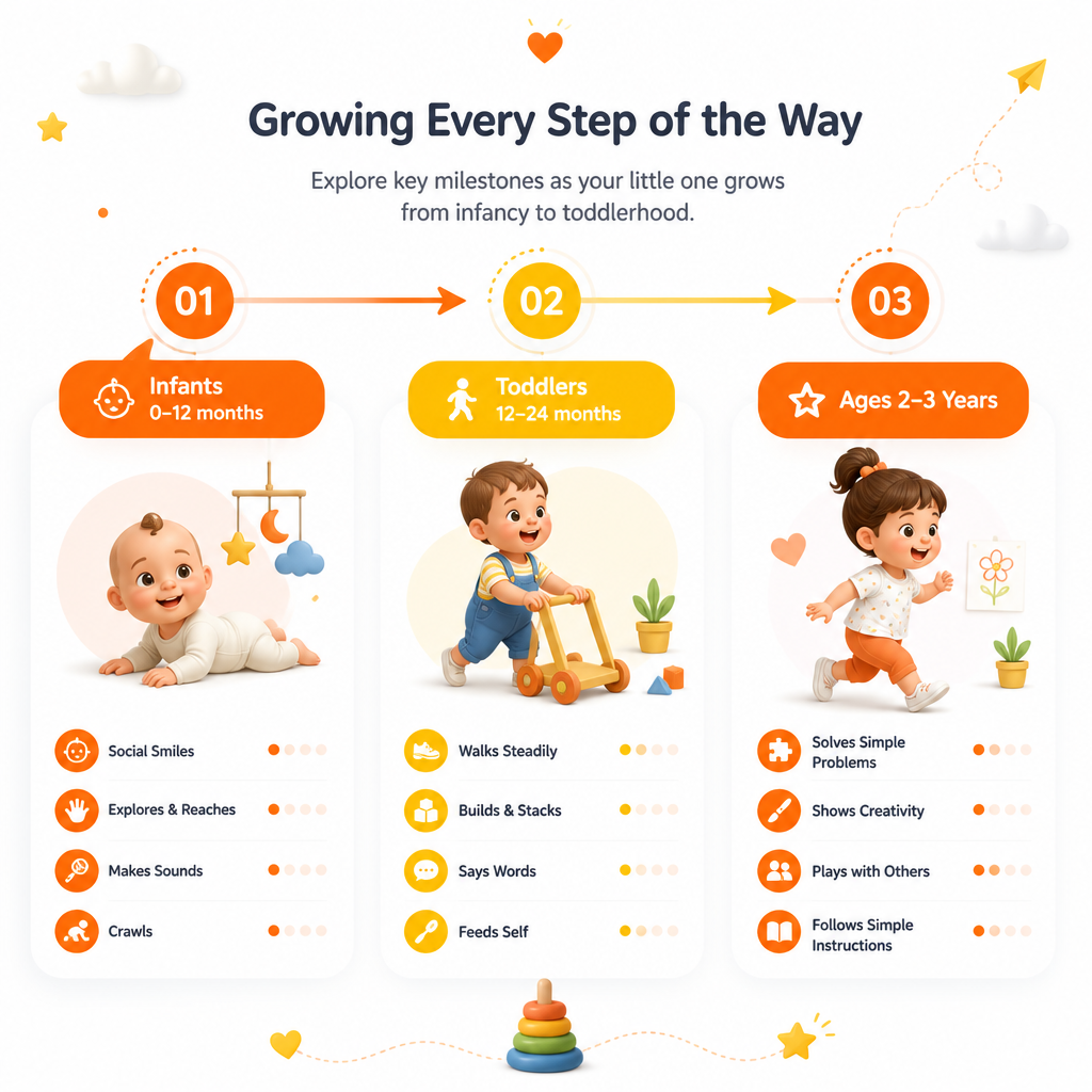 Illustration of developmental milestones by stage with a clean three-step timeline for infants and toddlers.