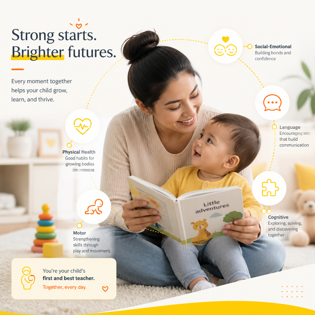 Illustration of family-centered early learning representing social-emotional growth, language, cognition, motor skills, and physical health.
