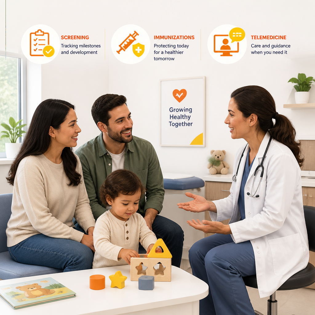 Illustration depicting family-centered pediatric support during well visits, including guidance, screenings, and telemedicine cues.