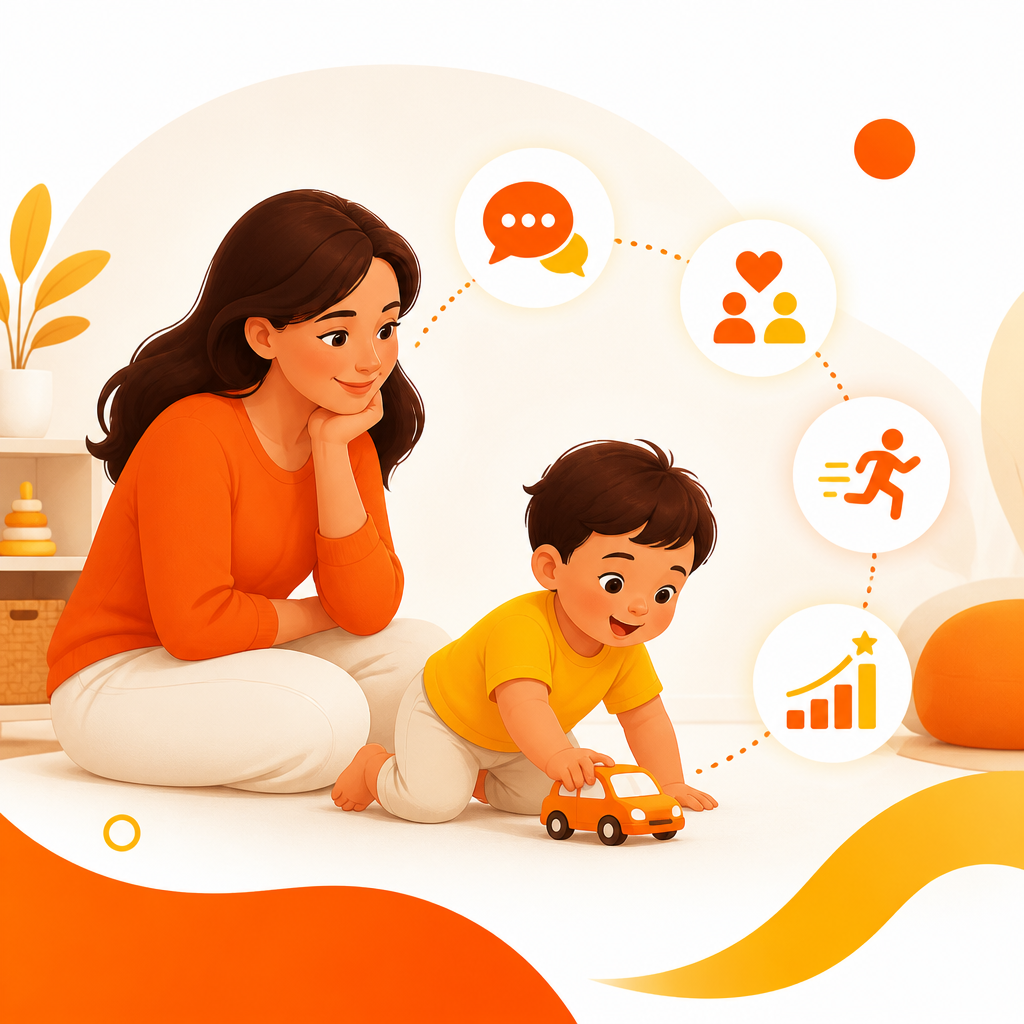 Illustration representing developmental problem areas parents may notice, such as communication, social skills, motor skills, and milestones.