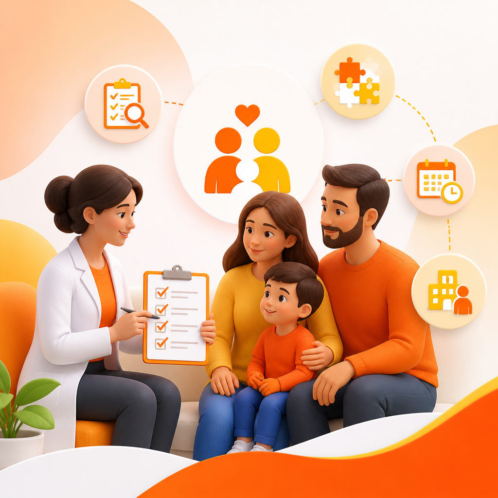 Illustration of a pediatric visit focused on developmental guidance, screening, and coordinated next steps for families.