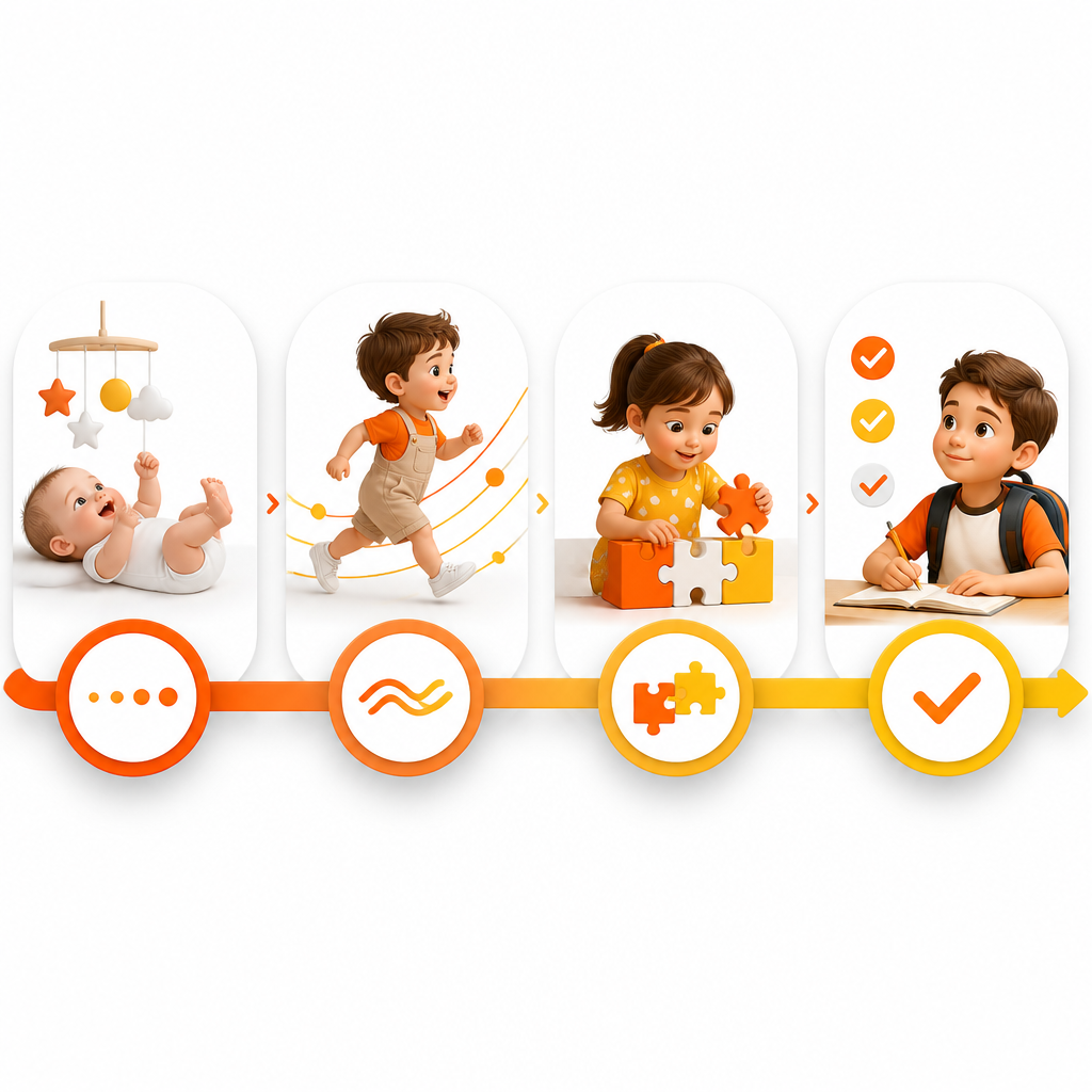 Illustration showing a milestones-by-age timeline with abstract stage blocks for communication, play, behavior, and learning readiness.